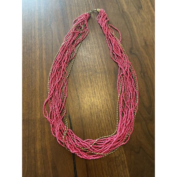 Womens Necklace Beaded Hot Pink Gold Twisted Long 34” Business Casual - Picture 1 of 6